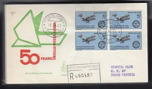 Italia FDC Venetia 1967 50. Luftpost Viertel gereist Racc. für Italien