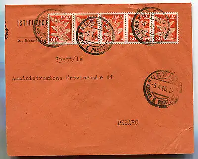 Späte Nutzung - Luftpost Cent. 80 Fünferstreifen auf Urbino Umschlag