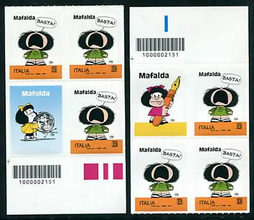 Mafalda Viertelblöcke links mit Erinnofili und Barcode