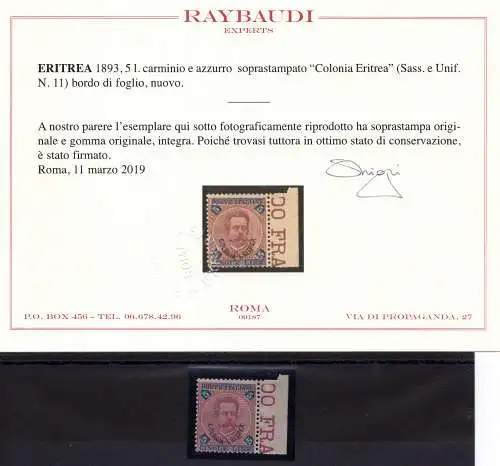 Eritrea - Umberto I. Lire 5 Nr. 11 Zertifikat - MNH