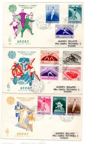 1954 Sport 2 Nr. 409/418 Serie auf drei FDC Venetia nach Turin