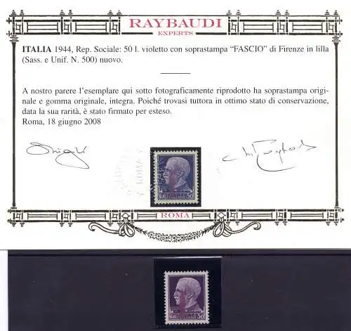 RSI 50 Lire di Firenze carminio lillaceo n. 500 - Cert. Ray. oro