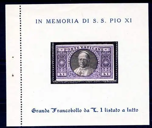 Pius XI. - Gedenkzettel (blau) mit 1 Lira Trauermarke