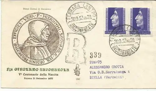 Savonarola Nr. 696 paarweise auf Umschlag FDC Venetia Club Venezia