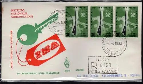 Italia FDC Venetia 1963 I.N.A. Streifen von drei gereist Racc. für Italien