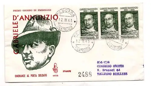 Italien FDC Venetia 1963 D'Annunzio Dreierstreifen gereist Racc. für Italien