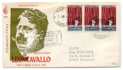 Italien FDC Venetia 1958 Leoncavallo Dreierstreifen gereist Racc. für Italien