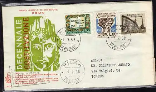 Italien FDC Venetia 1958 Jahrzehnt Reiseverfassung Racc. für Italien