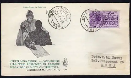 Italien FDC Venetia 1954 Beitragskampagne nicht nach Italien gereist