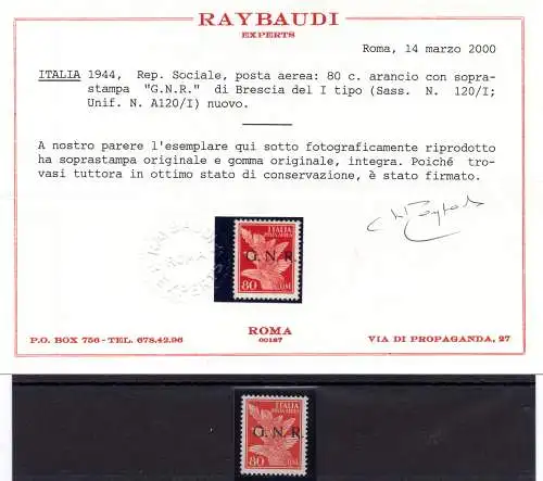 GNR Luftpost Cent. 80 n. 120/I Auflage von Brescia Cert. Ray. - MNH