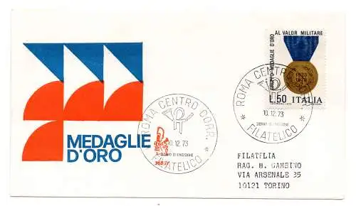 Italien FDC Venetia 1973 Goldmedaillen nach Italien gereist