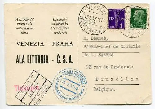 Venedig/Prag - Offizielle Postkarte des I. Fluges Ala littoria