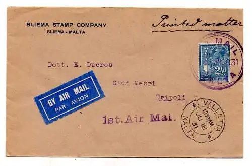 Malta - Tripolis vom 18.6.31 - Aerogramm mit I. Flug weitergeleitet