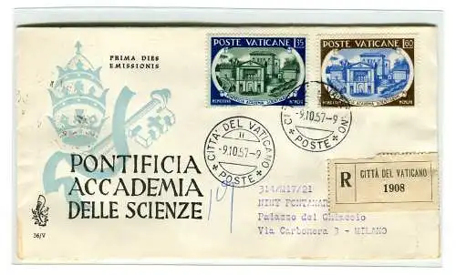 Vatikan FDC Venetia 1957 Akademie der Wissenschaften gereist Racc. für Italien