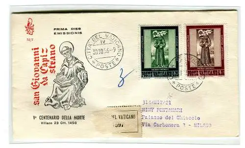 Vatikan FDC Venetia 1956 San Giovanni Capestrano voyata Racc. für Italien