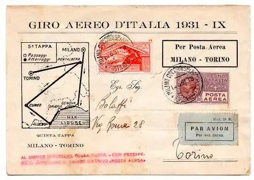 1931 Mailand/Turin vom 13.8.31 - Umschlag der Flugreise