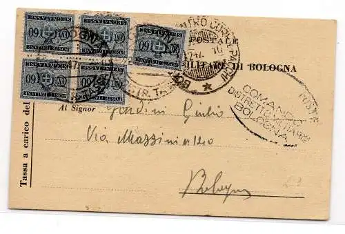 Segnatasse Cent. 60 fünf Exemplare auf Postkarte Militärbezirk