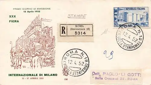 Mailand '52 auf FDC Venedig Racc. per Rom