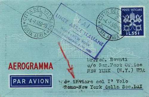 L.A.I. I. Flug (Vatikan) Rom/New York vom 5.7.50 - Aerogramm