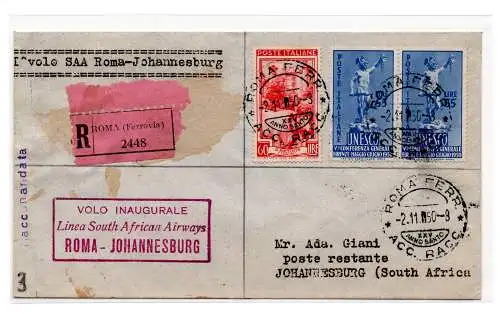 S.A.A. I. Flug Rom/Johannesburg vom 2.11.50 - Einschreiben Airbrush