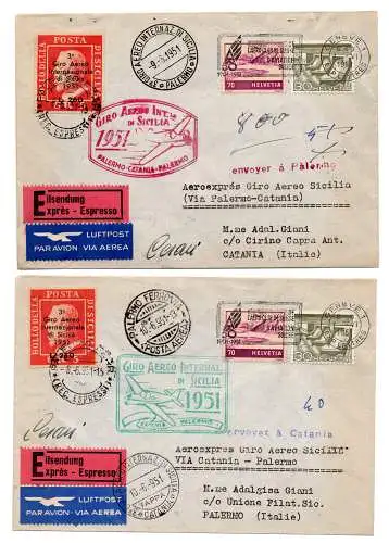 3. Giro Aereo di Sicilia vom 9.6.51 (Schweiz) - Zwei Aerogramme