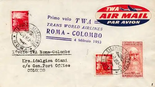 T.W.A. I. Flug Rom/Columbus vom 4.2.53 - Aerogramm nach Columbus