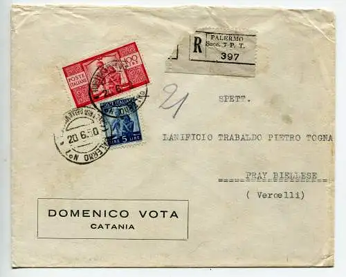 Democratica Lire 100 auf Umschlag von Palermo nach Vercelli