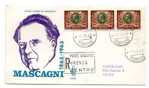 Italien FDC Venetia 1963 Mascagni Dreierstreifen gereist Racc. für Italien