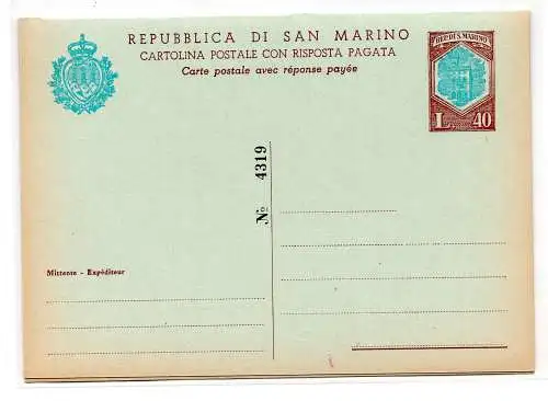 San Marino Postkarte Lire 40 + 40 Nr. C 38 neu