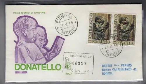 Italien FDC Venetia 1966 Donatello gereistes Paar Racc. für Italien