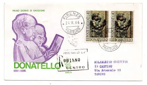 Italien FDC Venetia 1966 Donatello gereistes Paar Racc. für Italien 715