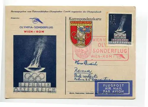 Wien/Rom 23.8.60 - Postkarte Olympiaflug AUA