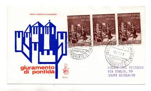 Italien FDC Venetia 1967 Pontida Dreierstreifen nach Italien gereist