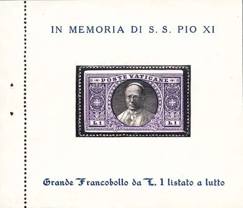 SS. Papst Pius XI. - Die 1 Lira Briefmarke mit den Trauerrändern