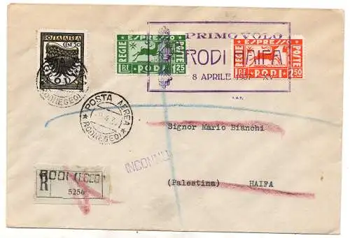 Ägäis - Espressi Nr. 1/2 auf Rhodos/Haifa Aerogramm vom 8.4.37