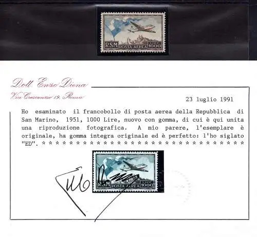 1951 Flugzeug Lire 1.000 Flagge Luftpost Nr. 99 Zertifikat - MNH