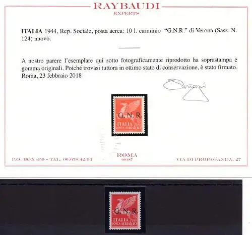 GNR Luftpost 10 Lire Verona Nr. 124 Zertifikat - MH