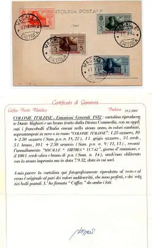 Italienische Kolonien - 100 Lire Dante storniert FDC - Zertifikat