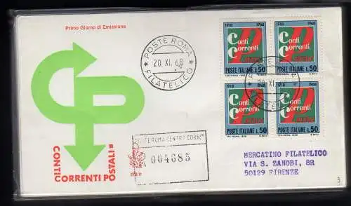 Italien FDC Venetia 1968 Conti Correnti Viertelreise Racc. für Italien