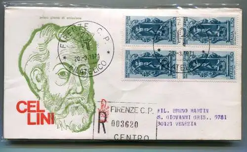 Italien FDC Venetia 1971 Cellini Viertelreise Racc. für Italien