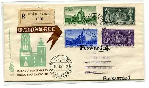 Vatikan FDC Venetia 1957 Mariazell gereist Racc. ins Ausland