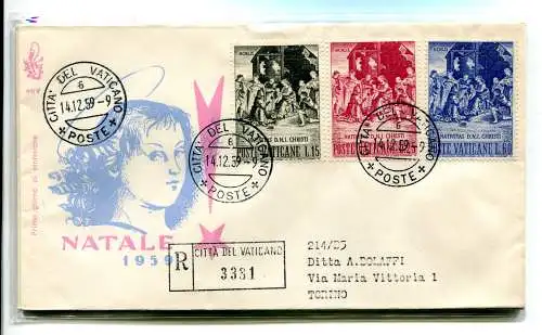 Vatikan FDC Venetia 1959 Weihnachten gereist Racc. für Italien