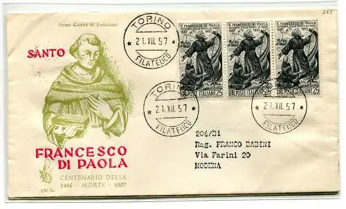 Italien FDC Venetia 1957 S.Francesco Dreierstreifen gereist Racc. für Italien