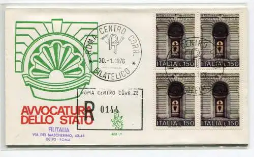 Italien FDC Venetia 1976 Avvocatura quartina voyata Racc. für Italien