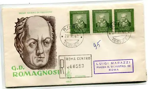 Italien FDC Venetia 1961 Romagnosi Dreierstreifen gereist Racc. für Italien