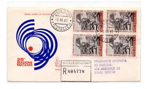 Italien FDC Venetia 1967 Atomreaktion Viertelreise Racc. für Italien