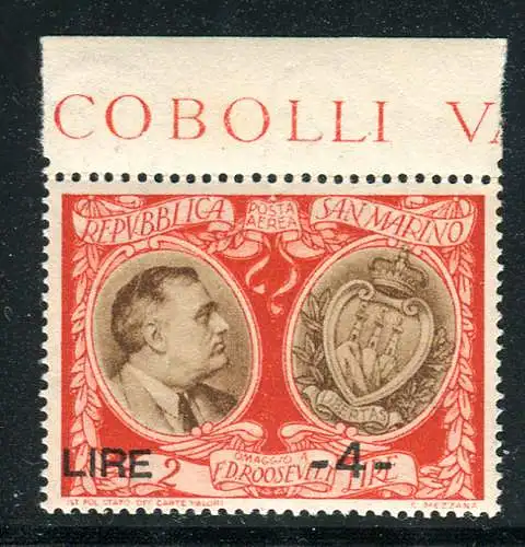 Roosevelt Luftpost 4 Lire auf 2 Sorten verschobener Aufdruck