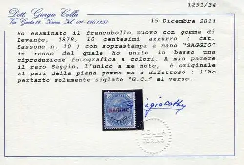 Levante Italiano-Vitt.Emanuele II Cent.10 hellblau Handaufdruck Saggio