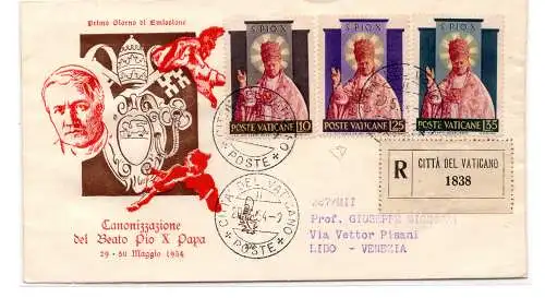 1954 Pius X Nr. 182/184 Serie auf FDC Venetia Racc.