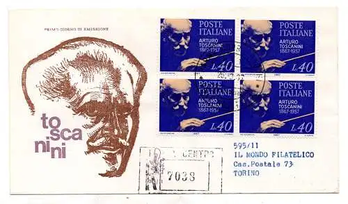 Italien FDC Venetia 1967 Toscanini Viertelreise Racc. für Italien